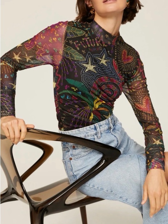 FARM Rio Tops - Farm Rio Amazonia Tulle Blouse Multicolor Sheer Mock Neck Size S